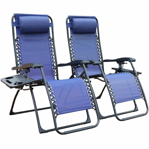 Unbranded Black Aluminum Outdoor Folding Lawn Chaise Lounge with Dark Blue Cushions and Side Table (Set of 2)
