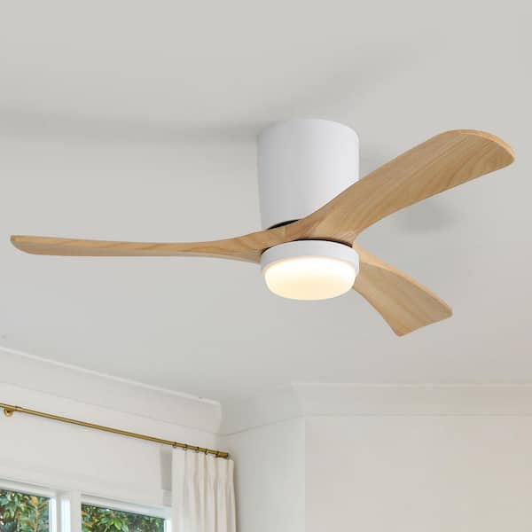 42 in. Indoor/Outdoor Natural Flush Mount White Blade Standard Solid Wood Ceiling Fan w/ LED Light Kits, Remote Control