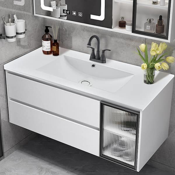 SQ 36 in. W x 18 in. D Ceramic Vanity Top Integrated Rectangle Basin Sink in White