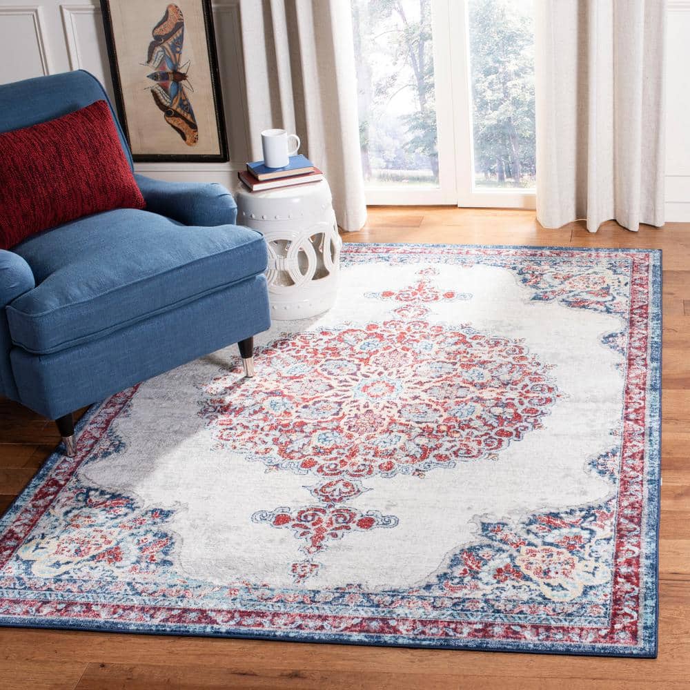 Ivory and Red Synthetic Square Oriental Area Rug