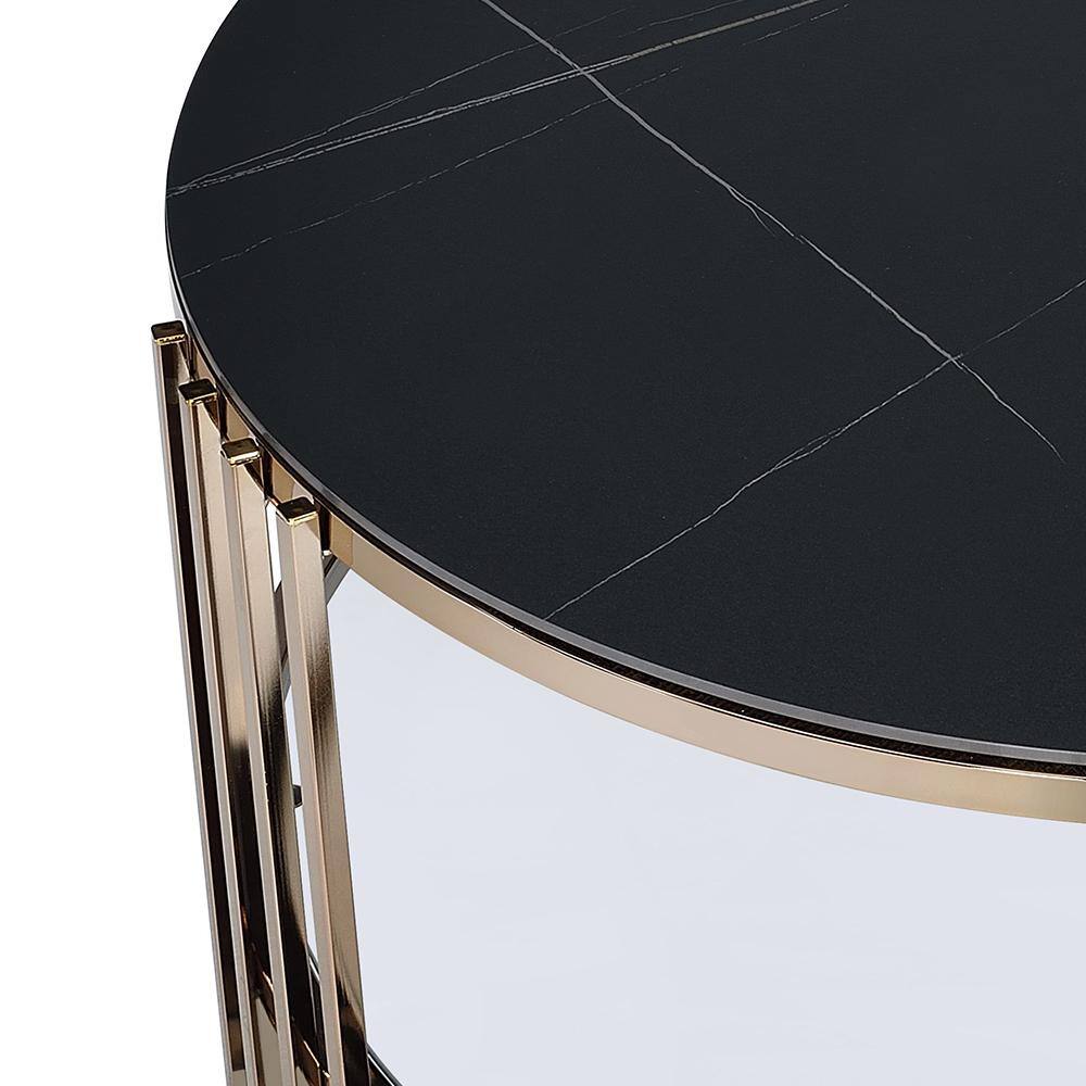Round Black Sintered Stone and Glass Coffee Table with Champagne Finish