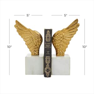 Gold Aluminum Wings Bird Bookends with Marble Base (Set of 2)