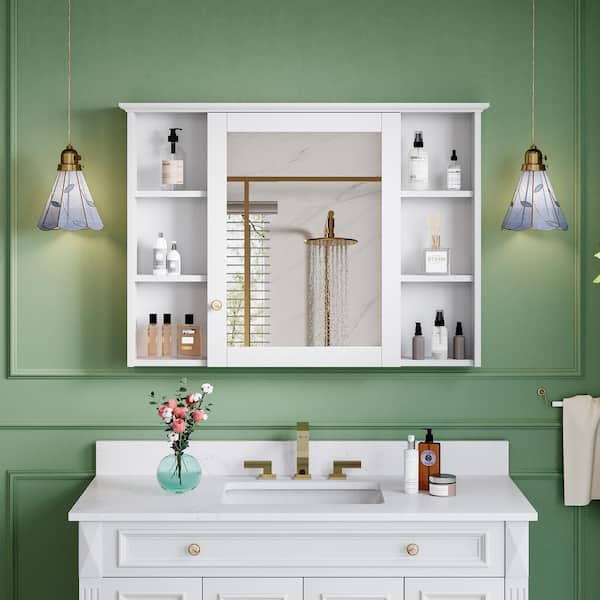 42 in. W x 30 in. H Rectangular Solid Wood Surface Mount Medicine Cabinet with Mirror,Soft Close Doors,Assembled,White