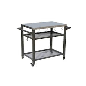 3-Shelf Outdoor Grill Cart with Wheels, Food Prep Table with Stainless Steel Tabletop Mesh Partition and Tool Hooks/Rack