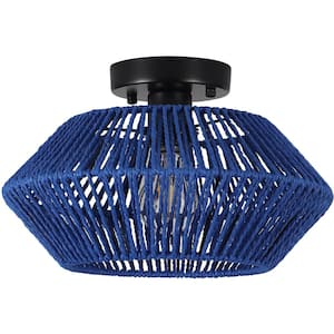 Semiko 12.6 in. 1-Light Blue Hand-Woven Rattan Caged Semi Flush Mount Ceiling Light With Shade