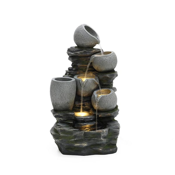3-Tier Gray Pots on Stacked Rocks 2.5 ft. Tall Outdoor Polyresin Cascade Fountain with Lights and Gray Side Planter