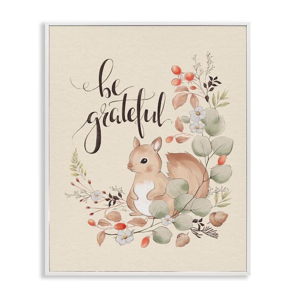 Be Grateful Squirrel by Andrea Jasid Grassi White Framed Animal Giclee Art Print 30 in. x 24 in.