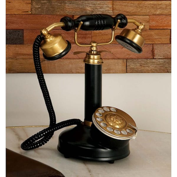 Litton Lane 9 in. x 11 in. Vintage Brass and Wood Antique Phone