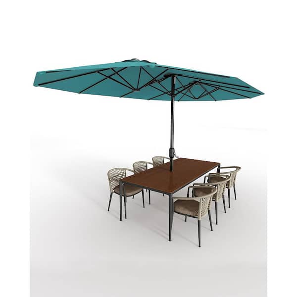 15 ft. Rectangular Outdoor Double-Sided Market Patio Umbrella with Crank Lift & Base in Mist Blue