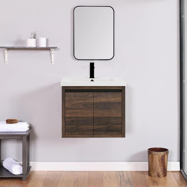 FUNKOL 18.10 in. D x 20.50 in. H x 24 in. W Modern Floating Wall-Mounted Bathroom Vanity with White Single Resin Sink in Brown