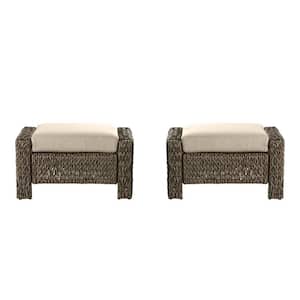 Laguna Point Brown Wicker Outdoor Patio Ottoman with CushionGuard Putty Tan Cushions (2-Pack)