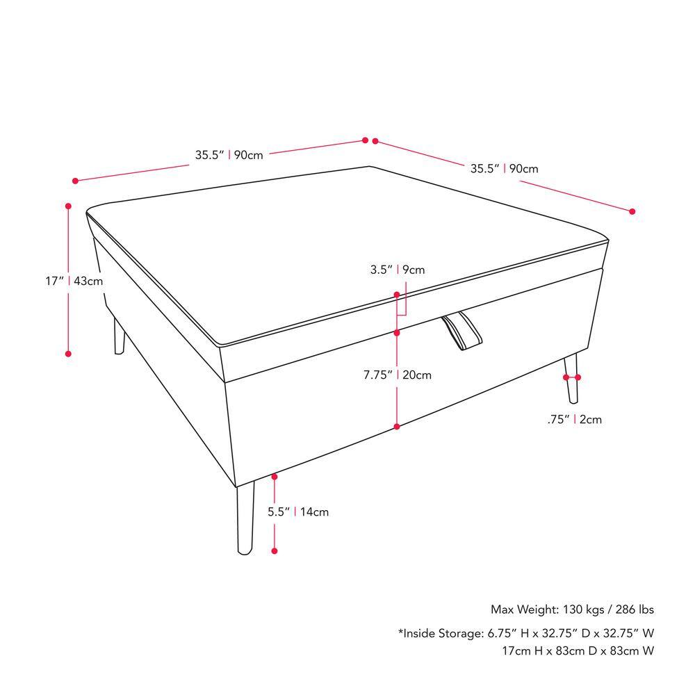 Linden Square Black Fabric Storage Ottoman with Metal Legs
