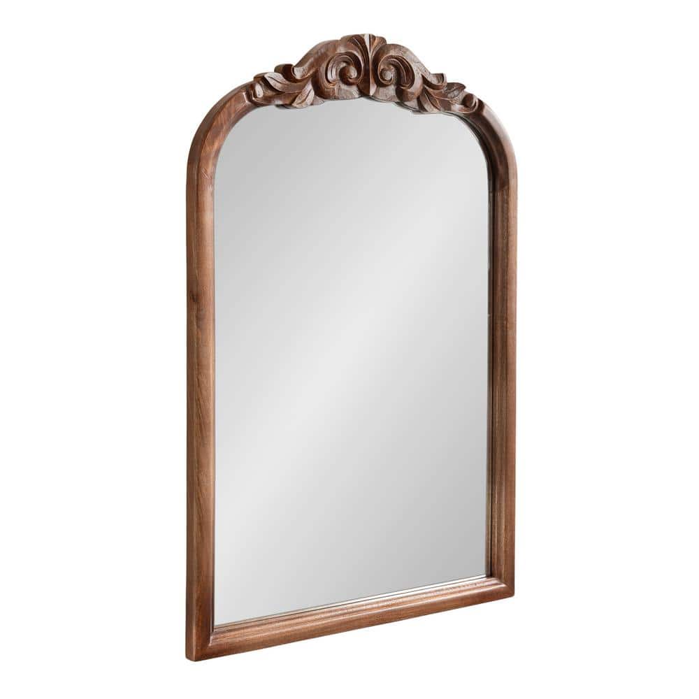 Walnut Brown Baroque-Inspired Wooden Arched Vanity Mirror 24x36