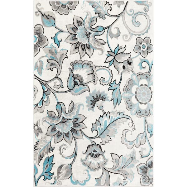 Boho Odesa Ivory/Aqua 8 ft. x 10 ft. Floral Area Rug