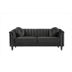 Hills 75.2 in. Rolled Arm Velvet Straight 3-Seater Sofa in Black
