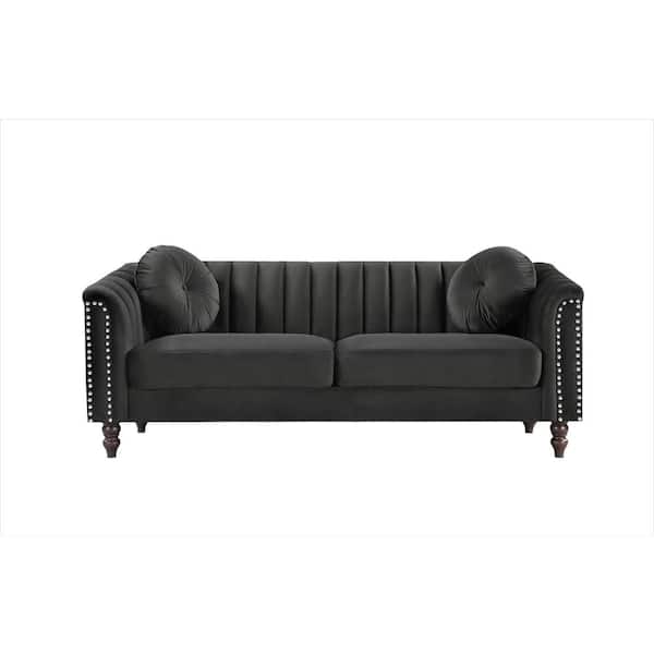 US Pride Furniture Hills 75.2 in. Rolled Arm Velvet Straight 3-Seater Sofa in Black