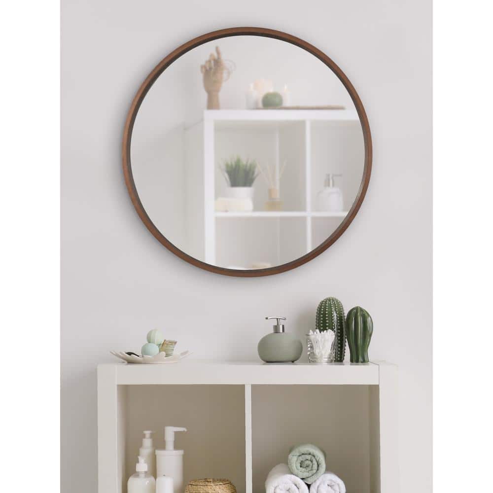 Travis 28" Round Bronze Wood Frame Modern Accent Wall Mirror
