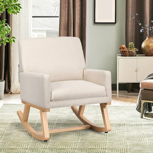 Beige Modern Fabric Upholstered Rocking Chair Wood Rocking Armchair for Living Room Bedroom