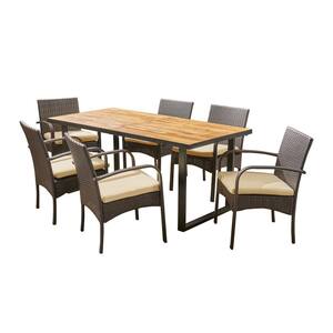 Heron Teak Brown 7-Piece Wood and Multi-Brown Faux Rattan Outdoor Dining Set with Cream Cushions