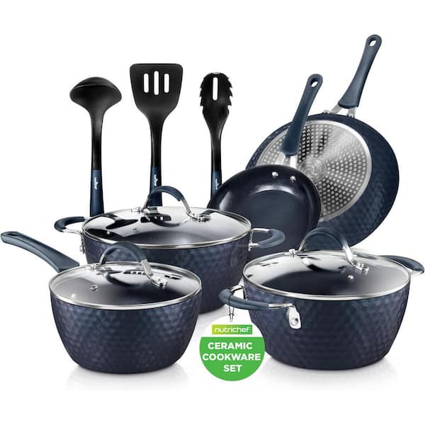 11-Pieces Blue Aluminum Metal Nonstick Ceramic Cookware Set, Durable Pots and Pans, Cool-Touch Handles, Lids, Utensils