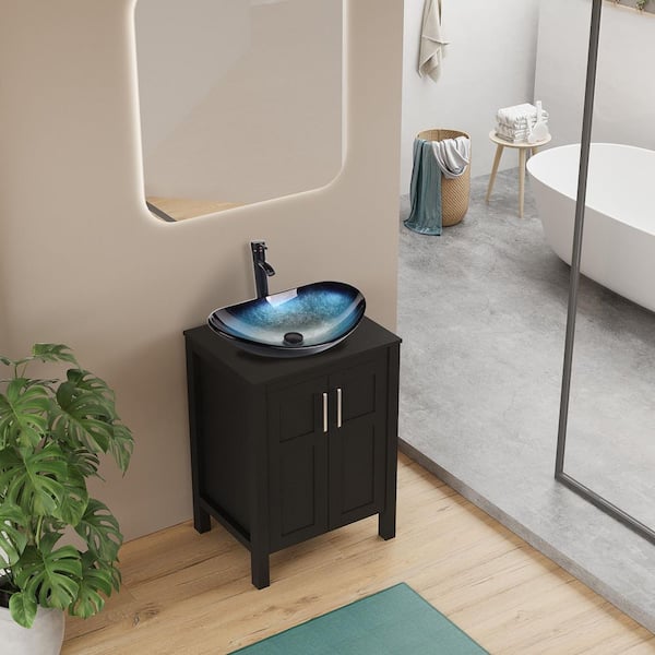 24 in. W x 19 in. D x 32 in. H Bath Vanity in Black with Black Solid Surface Top