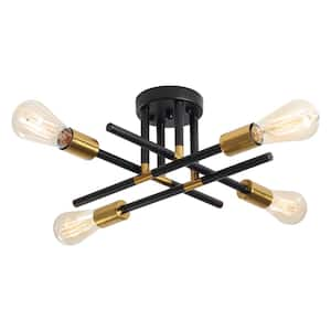 18.5 in. 4-Light Black/Gold Sputnik Semi- Flush Mount for Foyer Dining Room with No Bulbs Included