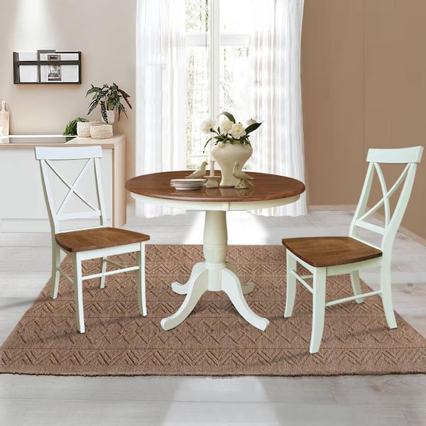 Laurel 3-Piece 36 in. Round Hickory/Shell Solid Wood Dining Set with 2 X-Back Chairs Seats 4
