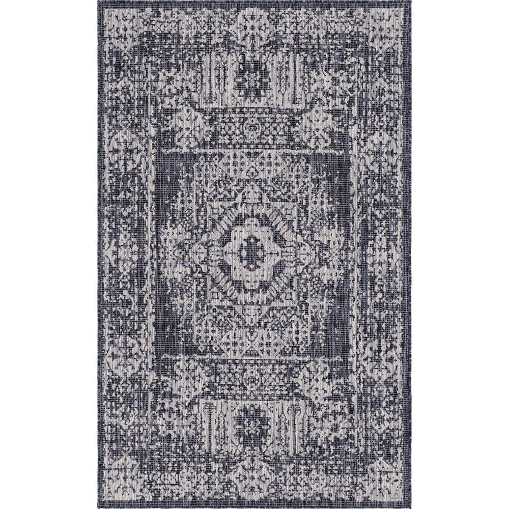 Charcoal Gray Flat Woven Synthetic 5' x 8' Outdoor Rug
