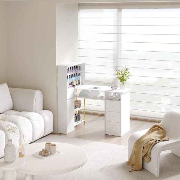 1-Piece White Wood Manicure Vanity Table, Makeup Vanity, Nail Art Work Desk with 3-Drawer, 7-Shelf & Dust Collector