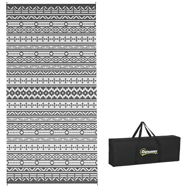 Outsunny Black and Gray Geometric Wall 9 ft. x 18 ft. Waterproof Plastic Reversible Outdoor Rug Large Straw Floor Mat Area Rug