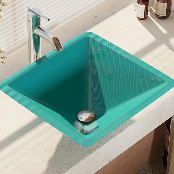 Rene Glass Vessel Sink in Cerulean with R9-7001 Faucet and Pop-Up Drain in Chrome