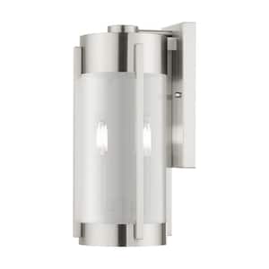 Rockridge 16 in. 2-Light Brushed Nickel Outdoor Hardwired Wall Lantern Sconce with No Bulbs Included
