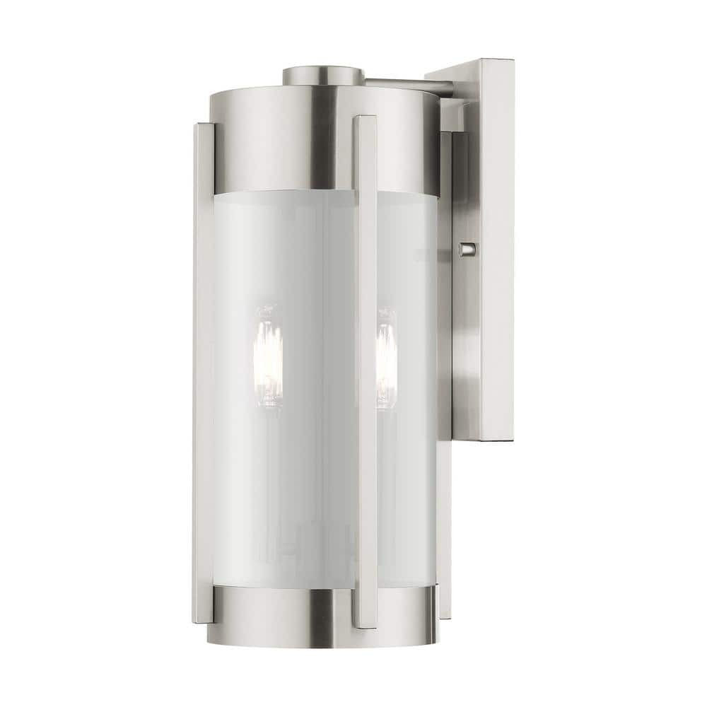 AVIANCE LIGHTING Rockridge 16 in. 2-Light Brushed Nickel Outdoor Hardwired Wall Lantern Sconce with No Bulbs Included