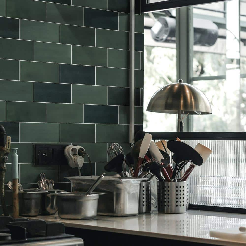 Green Stone Composite Peel and Stick Subway Wall Tiles