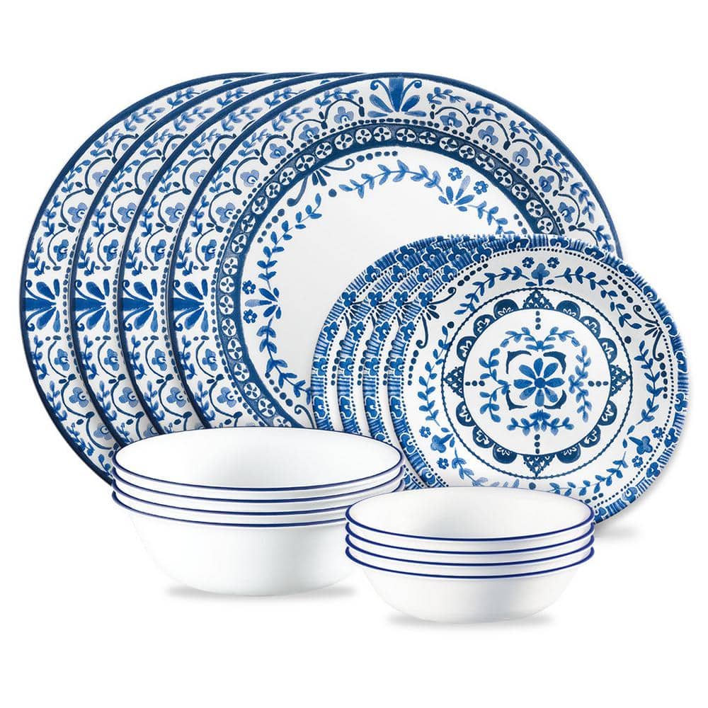 Portofino Blue Floral Vitrelle Glass Dinnerware Set, Service for 4