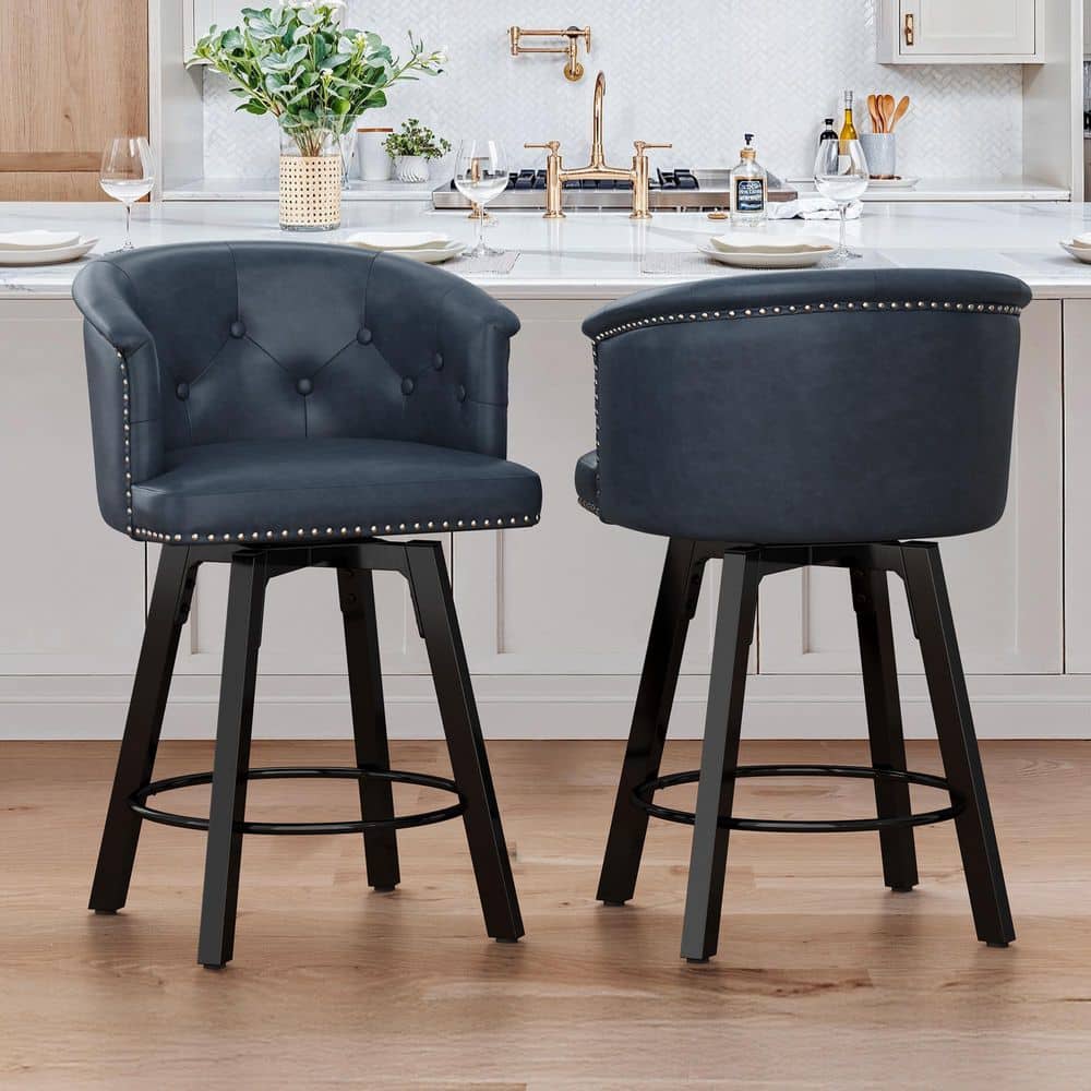 36.22 in. QUINN Navy Blue Faux Leather Metal Base High-Back Upholstered Counter Height Swivel Bar Stool Set of 2 price history on PriceWatchPro
