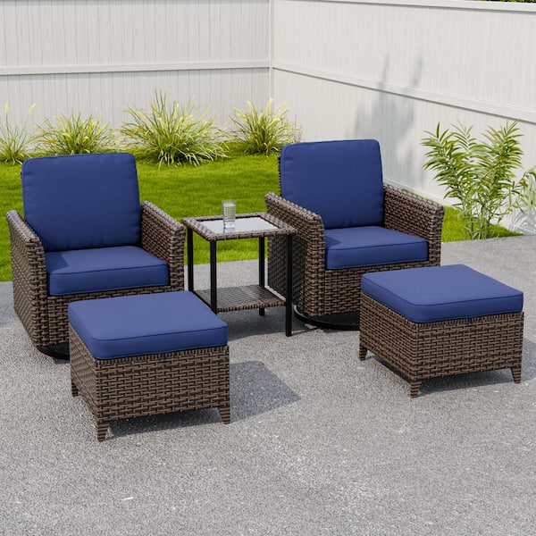 5-Piece Mix Brown Wicker Patio Conversation Set Wide Armrest Swivel Chair Set with Blue Cushions, Ottomans, Side Table