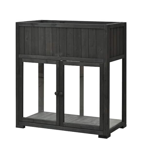 35.4 in. x 17.7 in. x 37.4 in. Black Wood Mini Compact Cold Frame 2 Doors Garden Greenhouse Planters with Wheels Liner