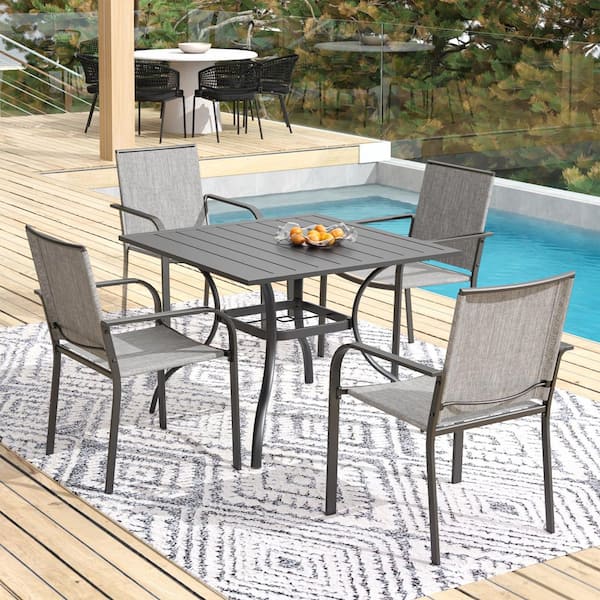 5-Piece Metal Patio Dining Set Square Table with 4-Stackable Chairs