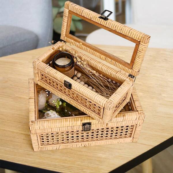 Afoxsos Beige 7 in. x 5 in. Bamboo Decorative Box Set of 2 with