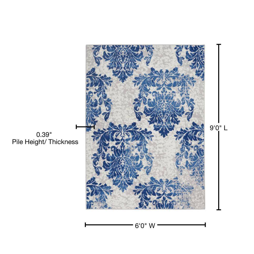 Ivory Navy Floral Damask 6' x 9' Synthetic Reversible Area Rug