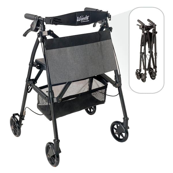 Stander Wonder Rollator Plus, 4-Wheel Lightweight Folding Walker with Seat in Matte Black