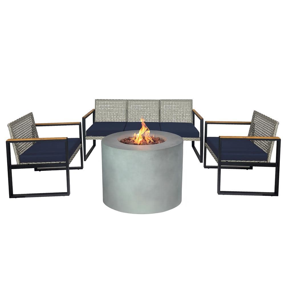5-Piece Wicker Conversation Set and Round Concrete style Alloy Steel Fire Pit with Blue Cushions price history on PriceWatchPro