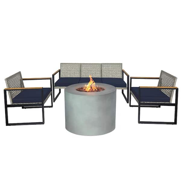 Kinger Home 5-Piece Wicker Conversation Set and Round Concrete style Alloy Steel Fire Pit with Blue Cushions