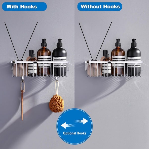 Stainless Steel Wall Mounted Rectangle Shower Caddy Shower Basket with 2-Hooks in Polished Chrome