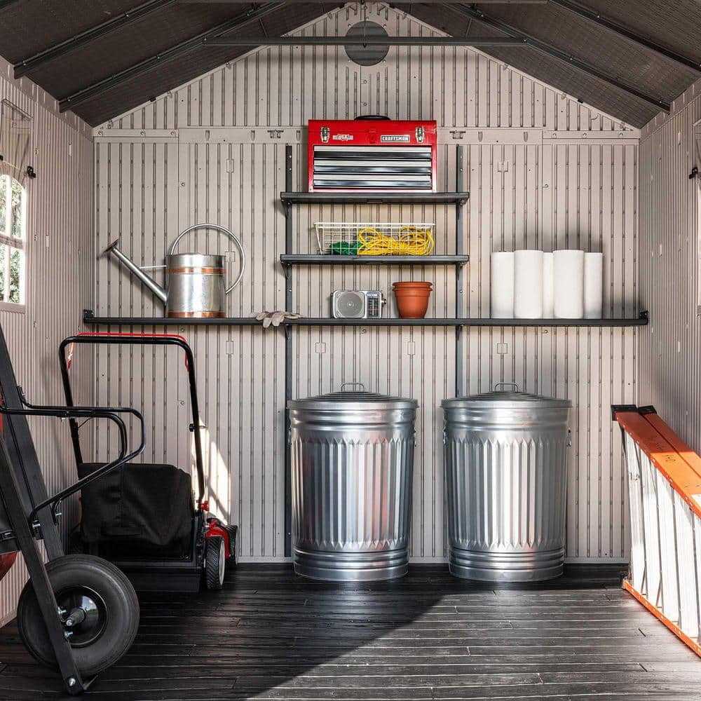 8' x 12.5' Brown Polyethylene Outdoor Storage Shed with Shelving and Windows