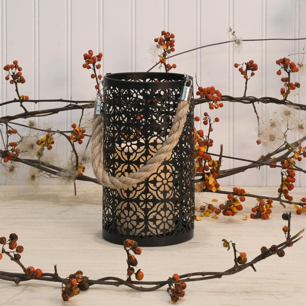 Black Jacquard Metal Hanging Tabletop Lantern with LED Candle