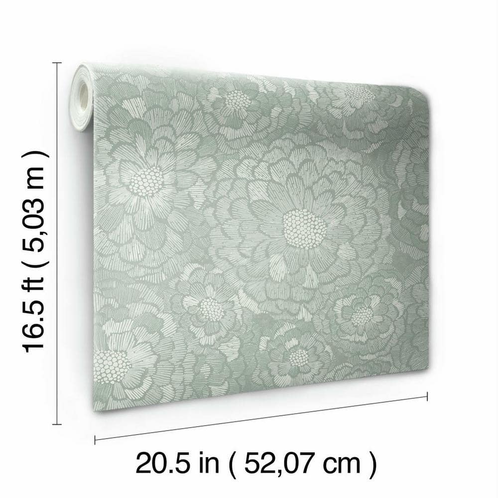 Green and Taupe Vinyl Floral Peel and Stick Wallpaper Roll