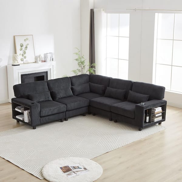 Enid Modern 102.75 in. Corduroy Upholstered Modular Sectional Sofa in. Black with Pillows, Storage Arms, Cup Holder