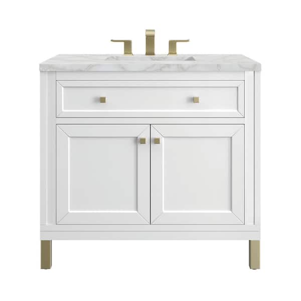 James Martin Vanities Chicago 36.0 in. W x 23.5 in. D x 34.0 in. H Single Bathroom Vanity Glossy White and Victorian Silver Quartz Top